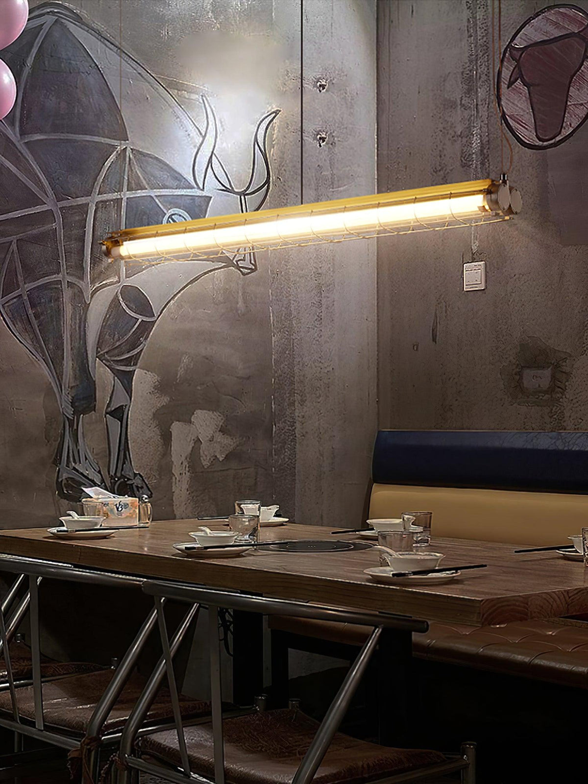 Caged Linear Tube Ceiling Pendant, Industrial Bar Light - Arrielight
