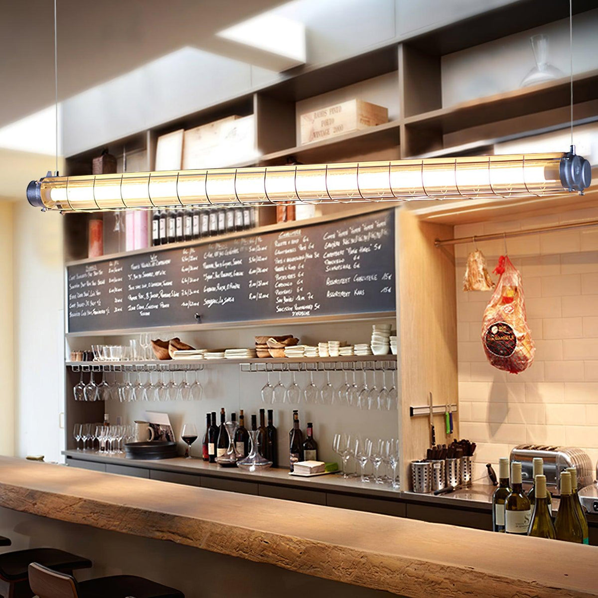 Caged Linear Tube Ceiling Pendant, Industrial Bar Light - Arrielight