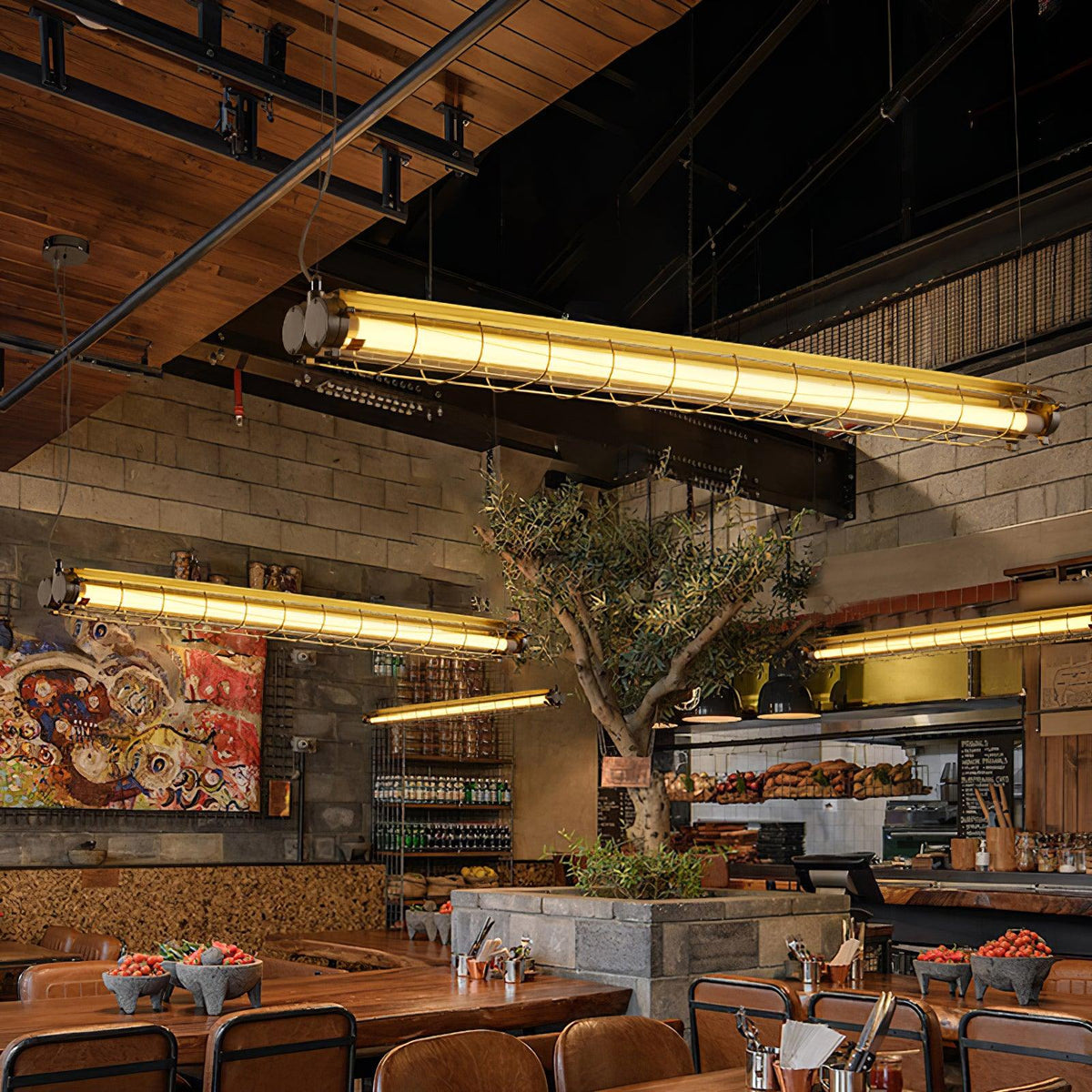 Caged Linear Tube Ceiling Pendant, Industrial Bar Light - Arrielight