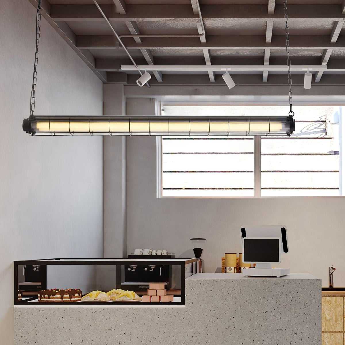 Caged Linear Tube Ceiling Pendant, Industrial Bar Light - Arrielight