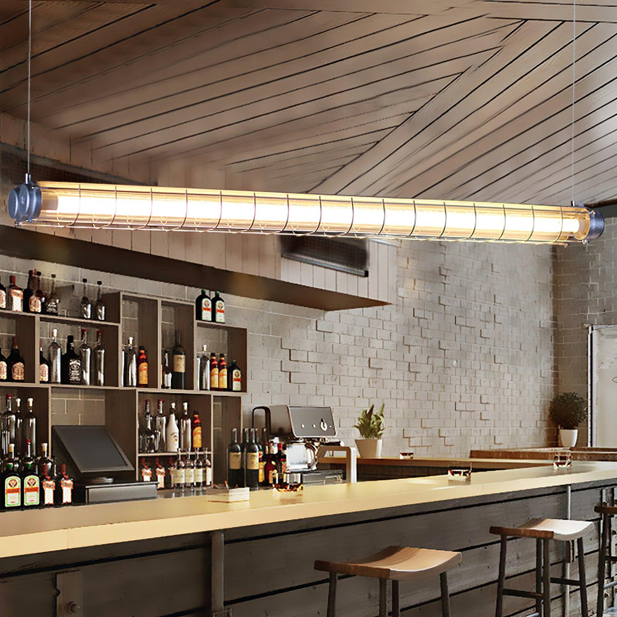 Caged Linear Tube Ceiling Pendant, Industrial Bar Light - Arrielight