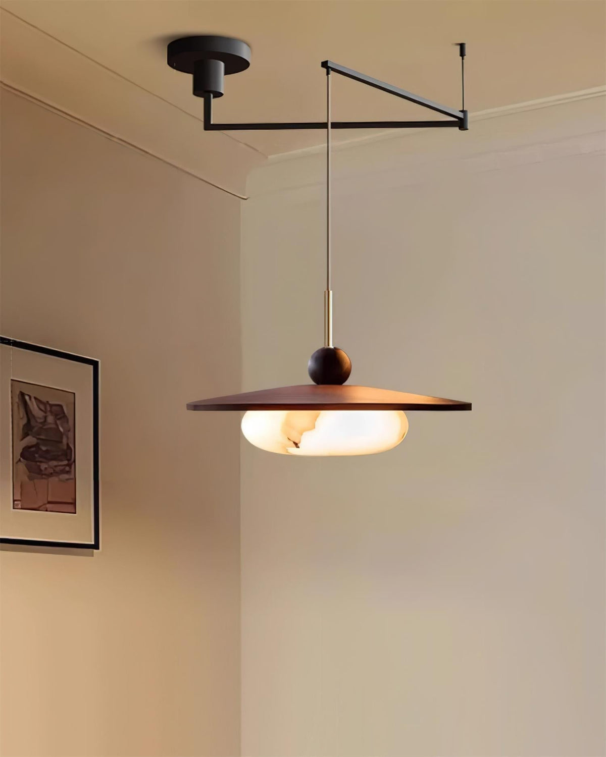Walnut and Alabaster-Effect Swing Arm Ceiling Pendant - Arrielight