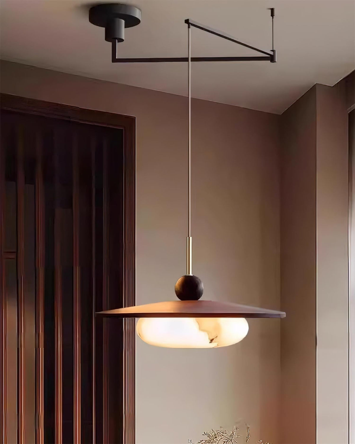 Walnut and Alabaster-Effect Swing Arm Ceiling Pendant - Arrielight