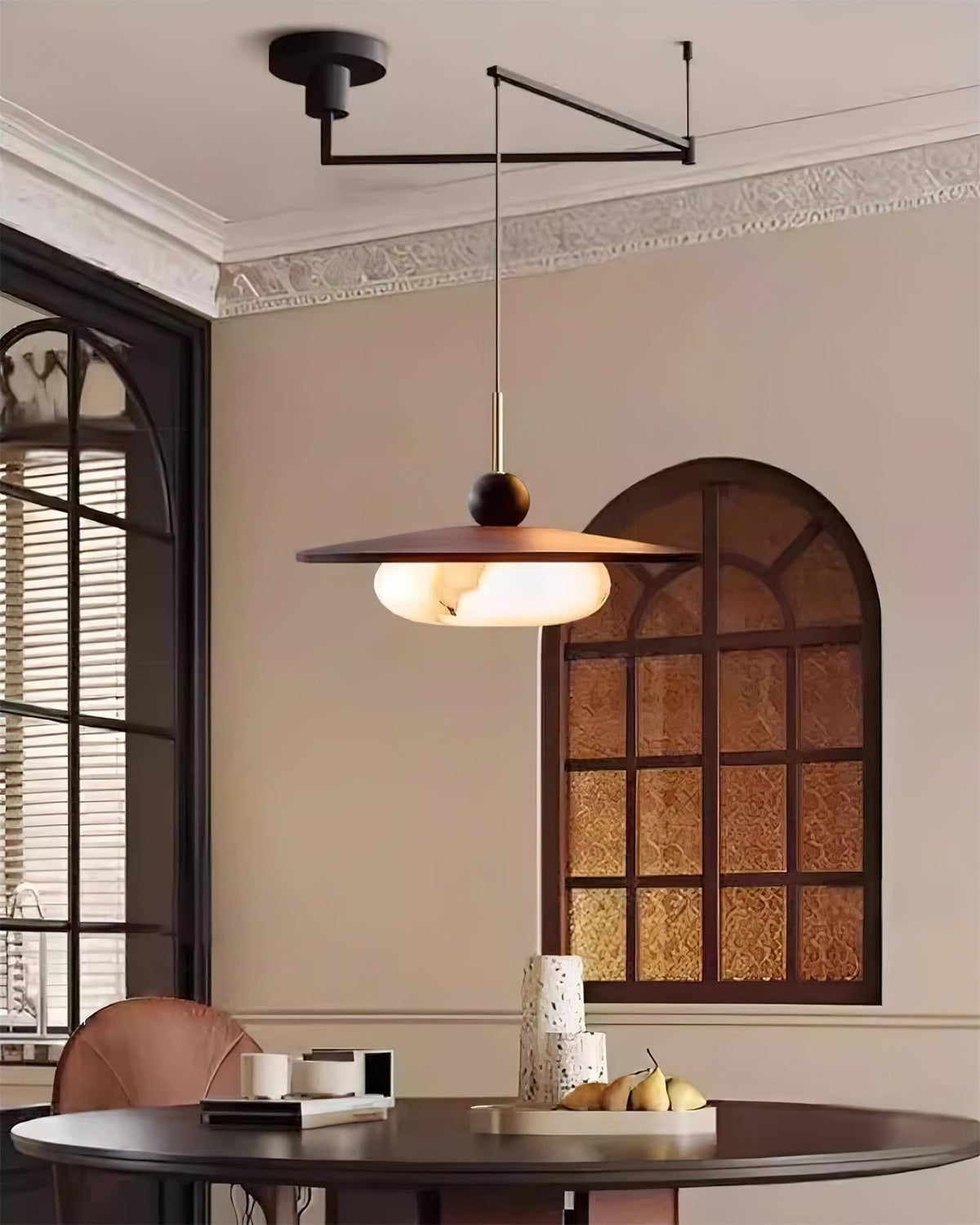 Walnut and Alabaster-Effect Swing Arm Ceiling Pendant - Arrielight
