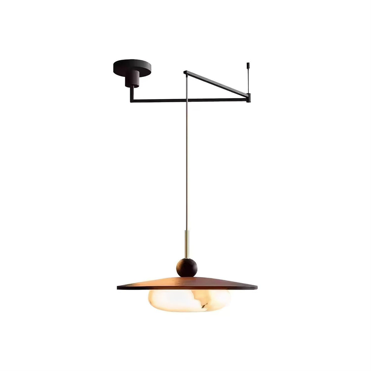 Walnut and Alabaster-Effect Swing Arm Ceiling Pendant - Arrielight