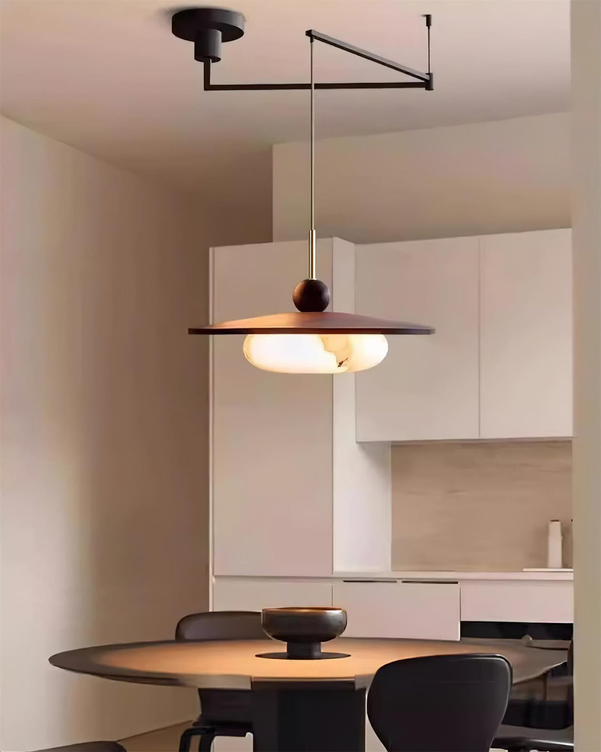 Walnut and Alabaster-Effect Swing Arm Ceiling Pendant - Arrielight