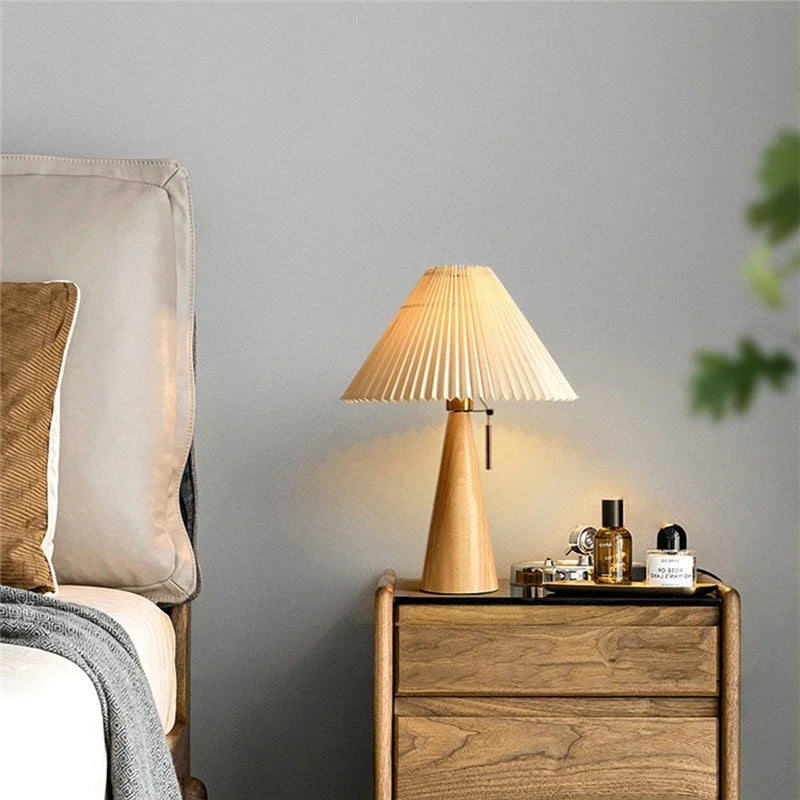 Pleated Shade Table Lamp with Wooden Base – Scandinavian Style