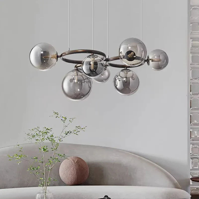 Modern Chandelier with Glass Globes – Designer Pendant Light with Smoked Shades and Circular Frame