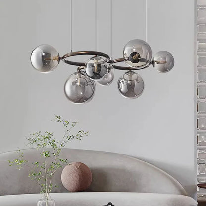 Modern Chandelier with Glass Globes – Designer Pendant Light with Smoked Shades and Circular Frame