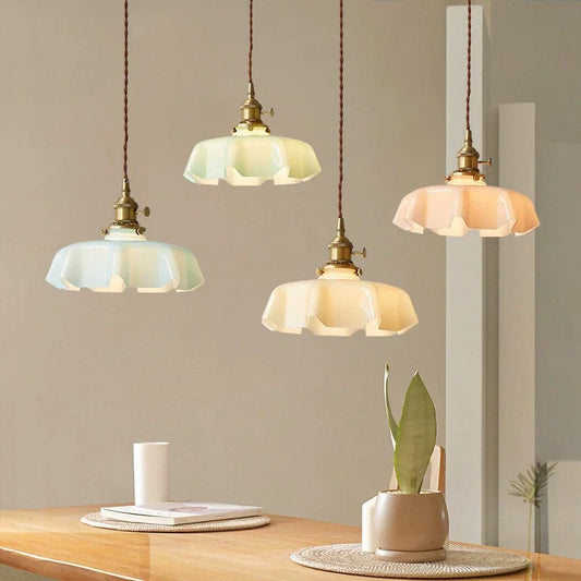 Retro Pendant Lights with Coloured Glass Shades and Brass Finish