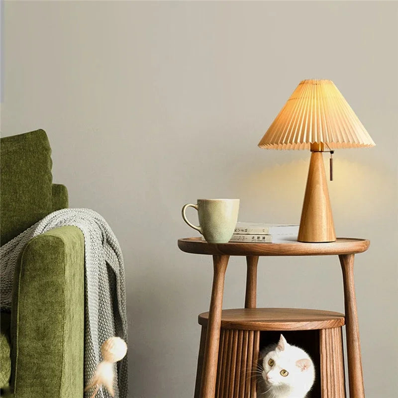 Pleated Shade Table Lamp with Wooden Base – Scandinavian Style