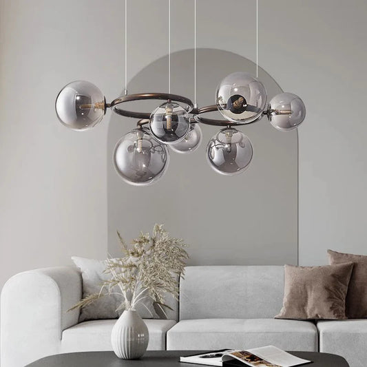 Modern Chandelier with Glass Globes – Designer Pendant Light with Smoked Shades and Circular Frame