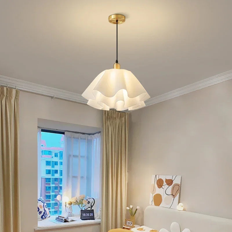 Modern Ceiling Light with Wavy Fabric Shade and Brass Base
