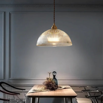 Retro Pendant Light with Ribbed Glass Shade and Brass Finish