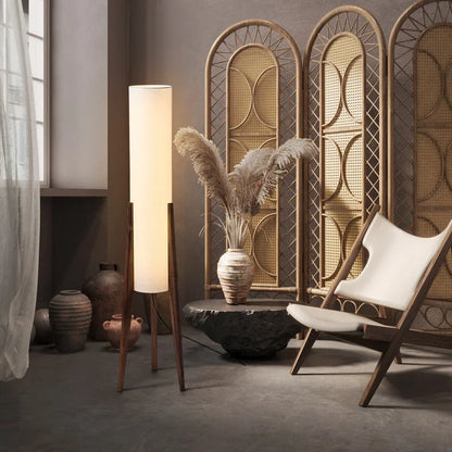 Modern Floor Lamp with Wooden Legs and Cylindrical Shade