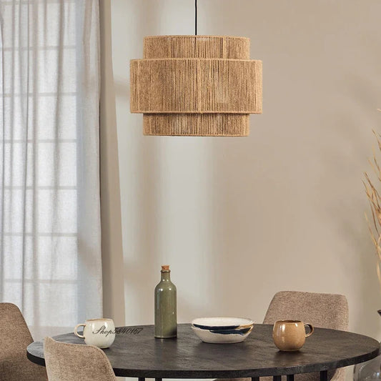 Modern Boho Fabric Ceiling Pendant Light with Double Shade