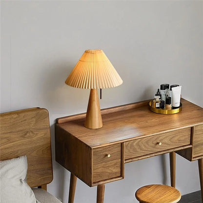 Pleated Shade Table Lamp with Wooden Base – Scandinavian Style