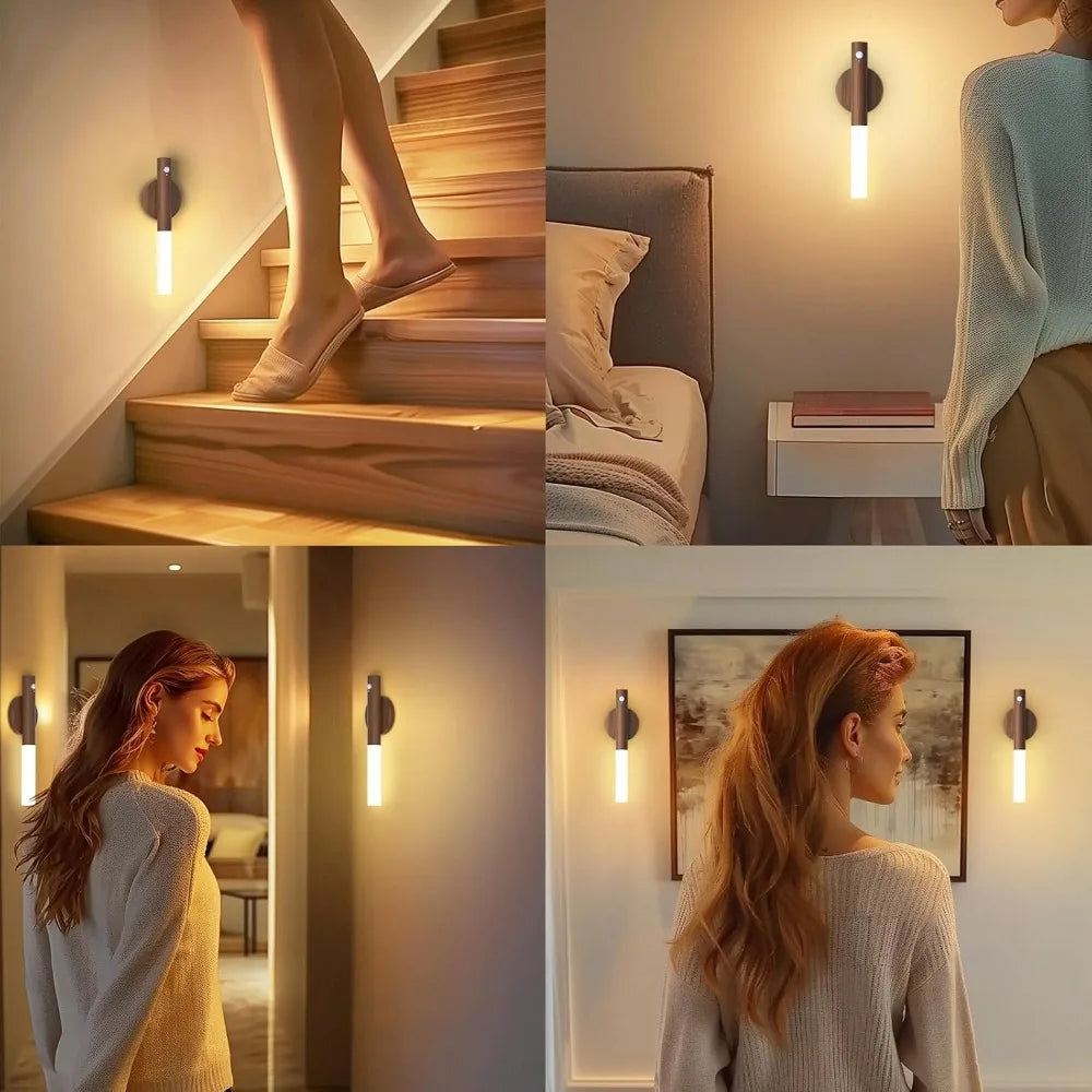 Modern Wooden Wall Light – Magnetic LED Lamp with Motion Sensor