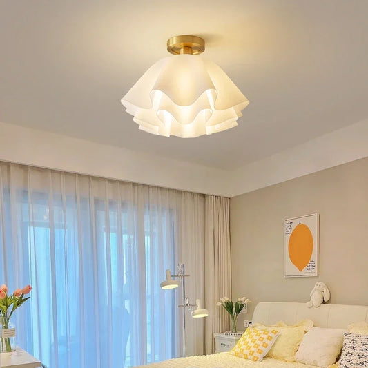 Modern Ceiling Light with Wavy Fabric Shade and Brass Base