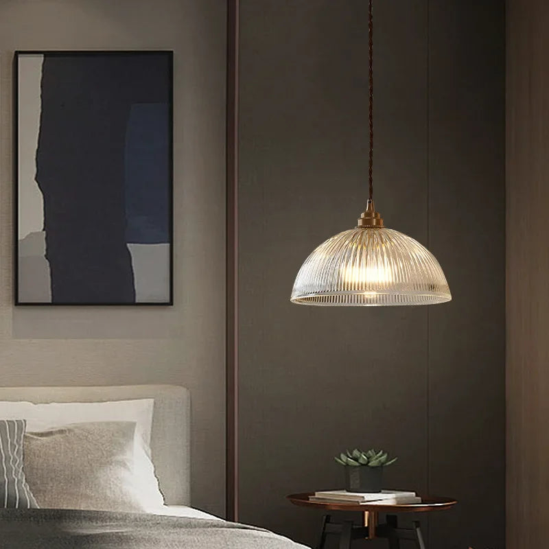 Retro Pendant Light with Ribbed Glass Shade and Brass Finish