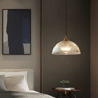 Retro Pendant Light with Ribbed Glass Shade and Brass Finish