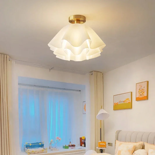 Modern Ceiling Light with Wavy Fabric Shade and Brass Base