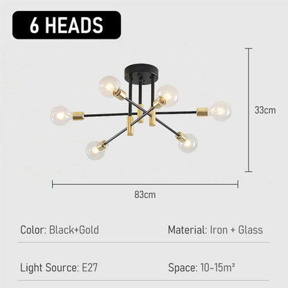 Industrial Ceiling Light with 6 Round Lamp Holders
