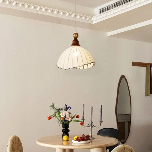 Retro Pendant Light with Silk Shade and Wooden Finish