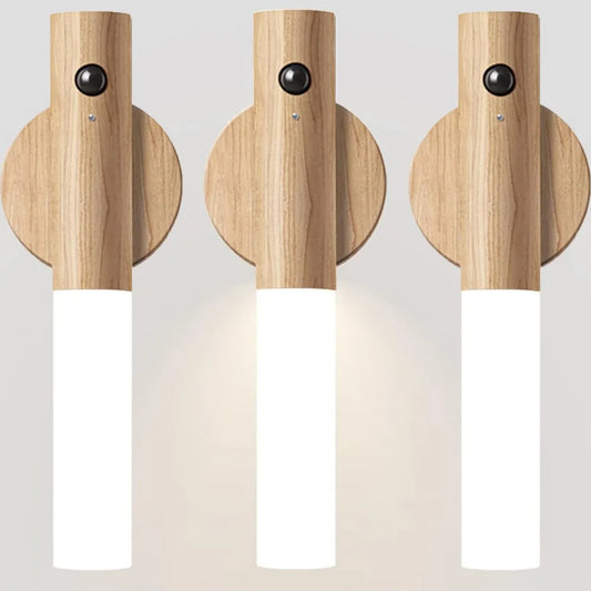 Modern Wooden Wall Light – Magnetic LED Lamp with Motion Sensor