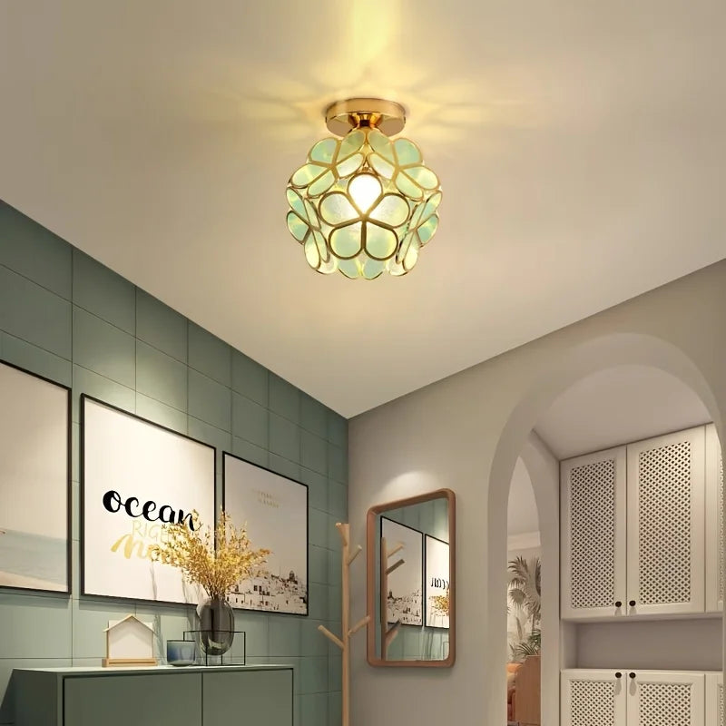 Vintage Crystal Ceiling Light – Semi-Flush Chandelier with Coloured Glass Shade