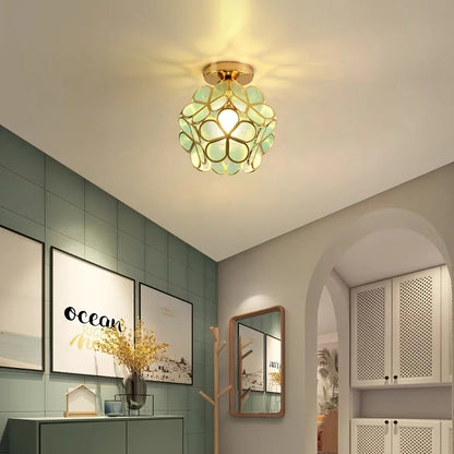 Vintage Crystal Ceiling Light – Semi-Flush Chandelier with Coloured Glass Shade