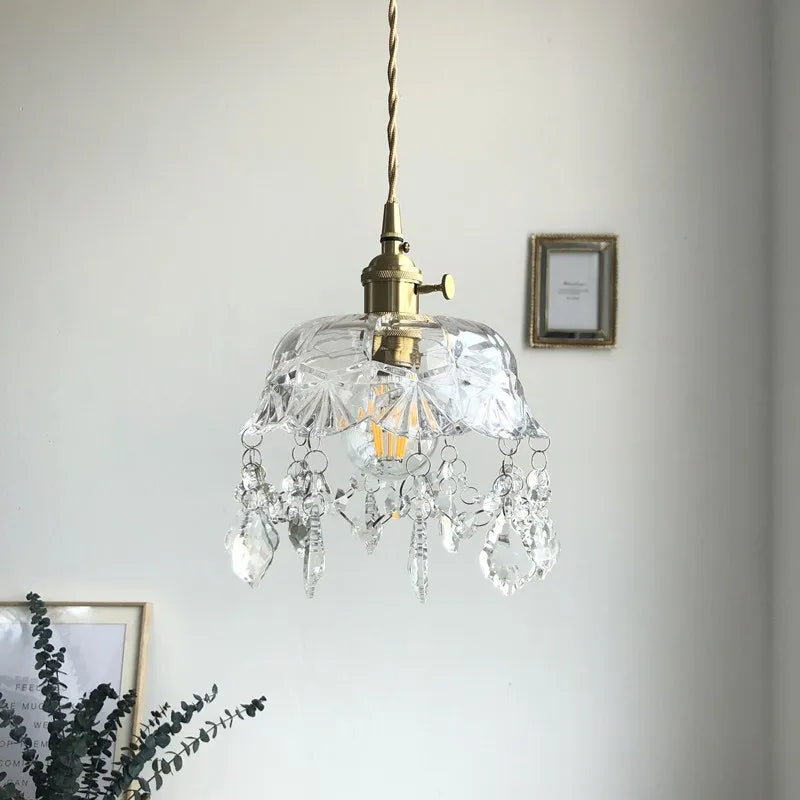 Retro Crystal Glass Pendant Light with Brass Finish