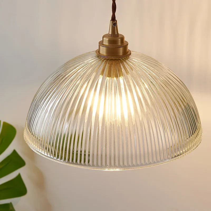 Retro Pendant Light with Ribbed Glass Shade and Brass Finish