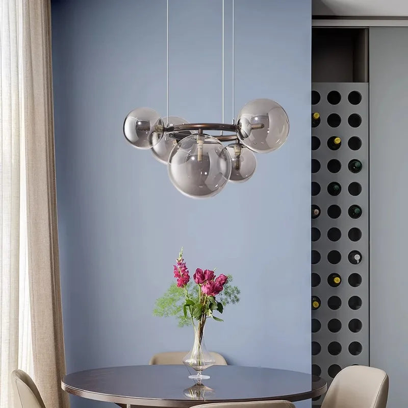 Modern Chandelier with Glass Globes – Designer Pendant Light with Smoked Shades and Circular Frame
