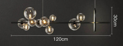 Modern Linear Chandelier – Glass Globes and LED Ring on Black Frame