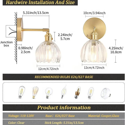 Retro Wall Lamp in Tulip Flower Shape – Vintage Sconce with Glass Shade and Gold Finish