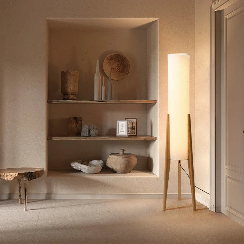 Modern Floor Lamp with Wooden Legs and Cylindrical Shade