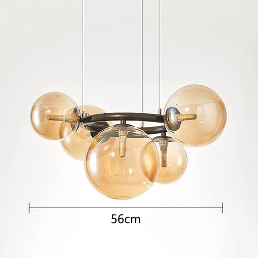 Modern Chandelier with Glass Globes – Designer Pendant Light with Smoked Shades and Circular Frame