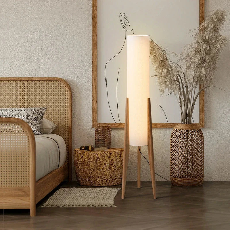 Modern Floor Lamp with Wooden Legs and Cylindrical Shade
