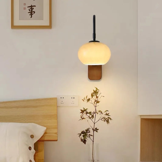 Modern Wall Light with Glass Shade and Wooden Base – Ideal for Bedroom, Living Room or Reading Nook
