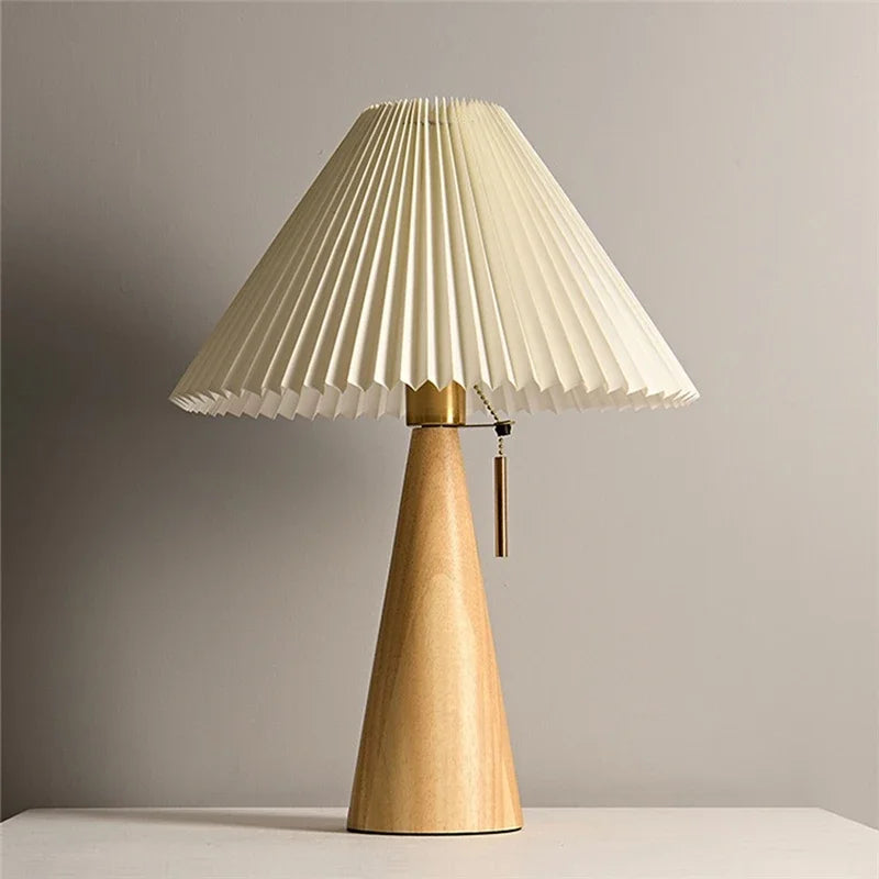 Pleated Shade Table Lamp with Wooden Base – Scandinavian Style