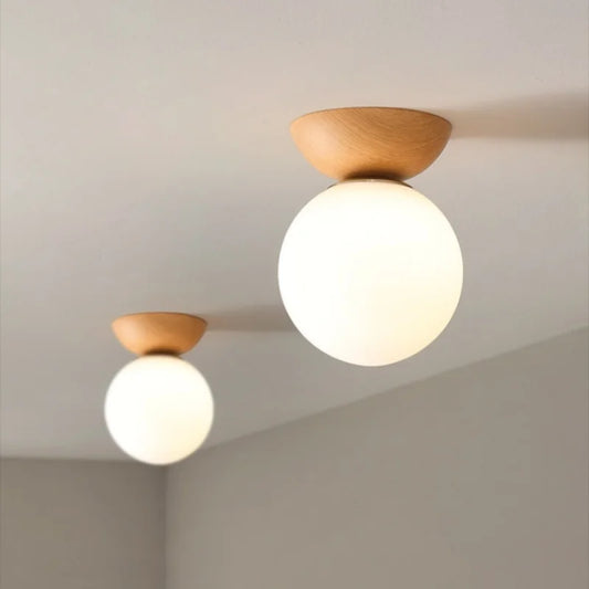 Modern Japanese-Style Ceiling Light with Wooden Base – Minimalist Globe
