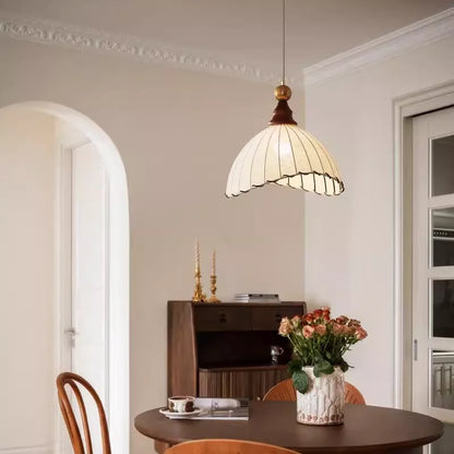 Retro Pendant Light with Silk Shade and Wooden Finish