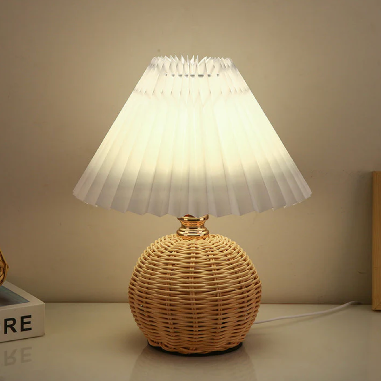 Boho Table Lamp with Woven Rattan Base and Pleated Shade