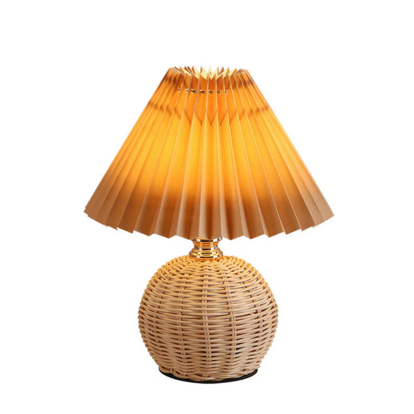 Boho Table Lamp with Woven Rattan Base and Pleated Shade