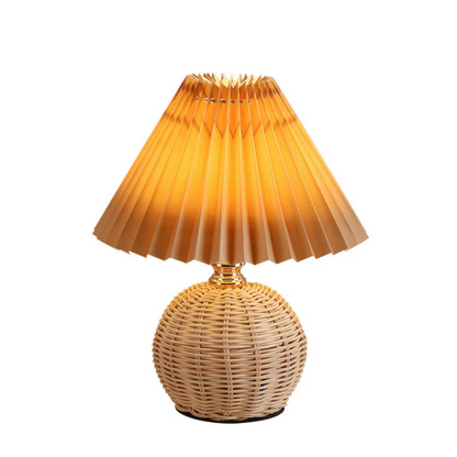 Boho Table Lamp with Woven Rattan Base and Pleated Shade