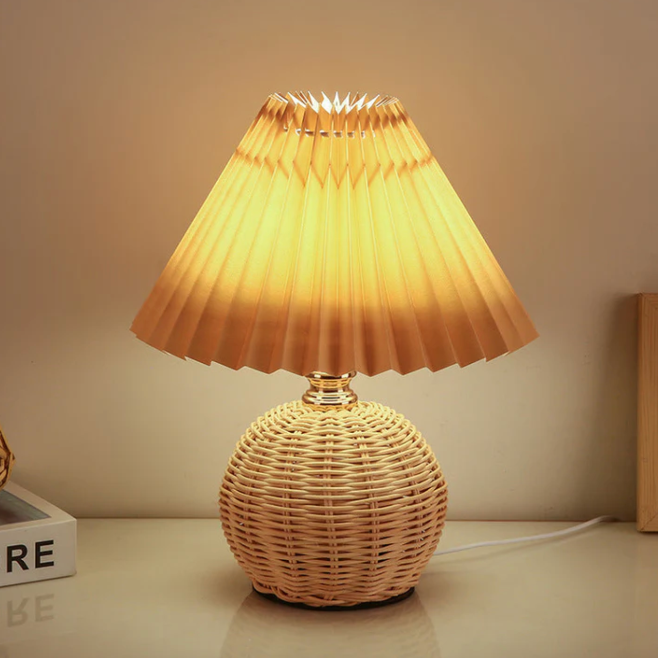 Boho Table Lamp with Woven Rattan Base and Pleated Shade