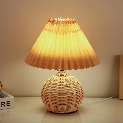 Boho Table Lamp with Woven Rattan Base and Pleated Shade