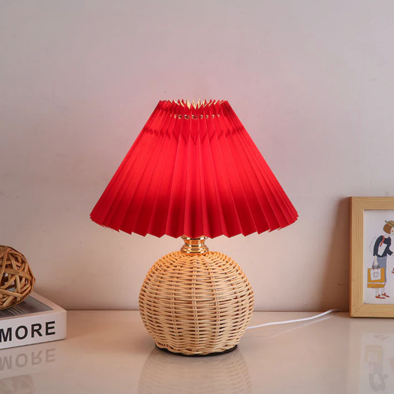 Boho Table Lamp with Woven Rattan Base and Pleated Shade