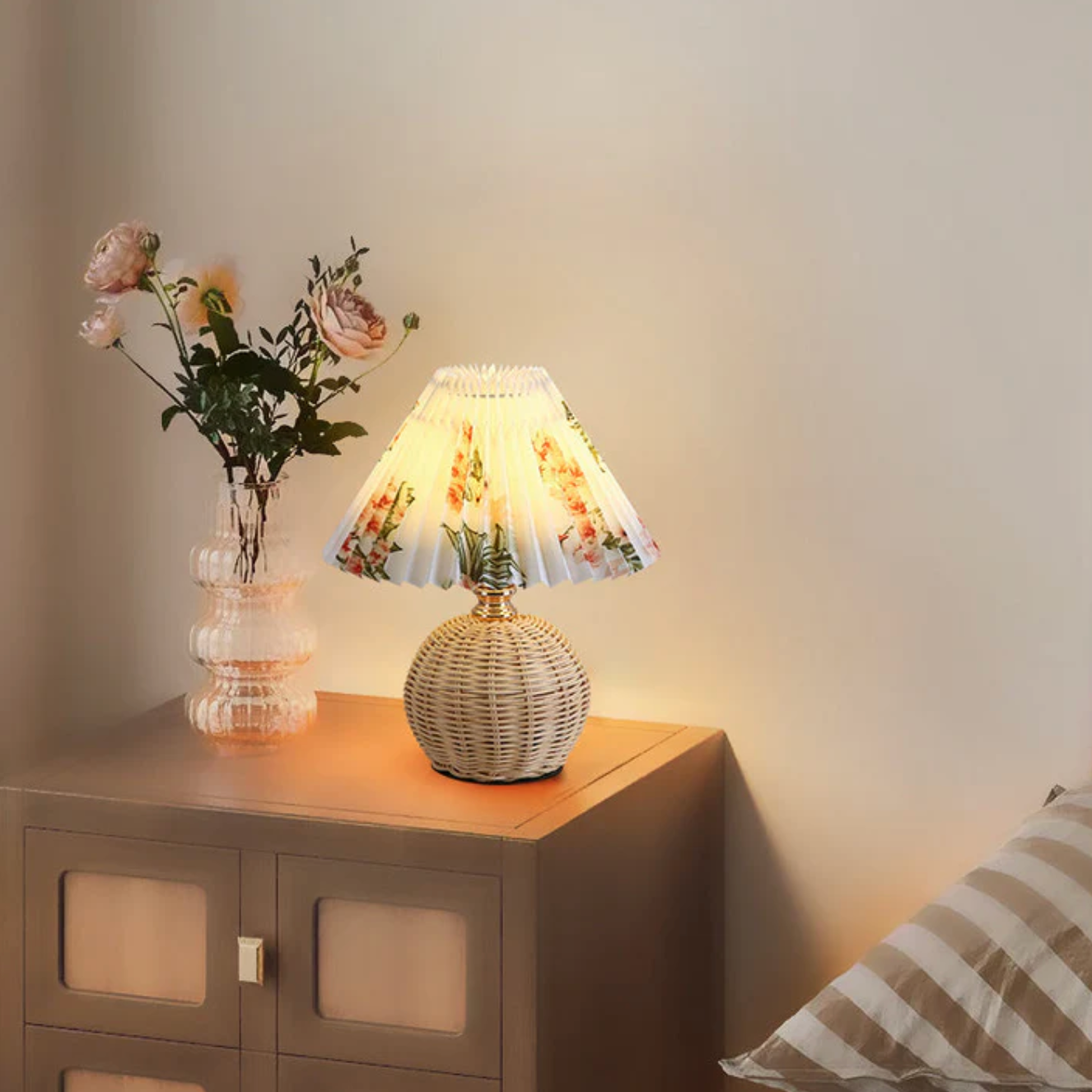 Boho Table Lamp with Woven Rattan Base and Pleated Shade
